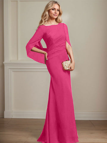 Vestido de gasa para madre de la novia con escote barco, corte trompeta/sirena, largo hasta el suelo, con pliegues 