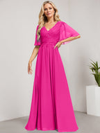 A-Linien-Kleid aus Chiffon mit V-Ausschnitt, bodenlang, mit Pailletten besetzt – ideal für die Mutter der Braut 