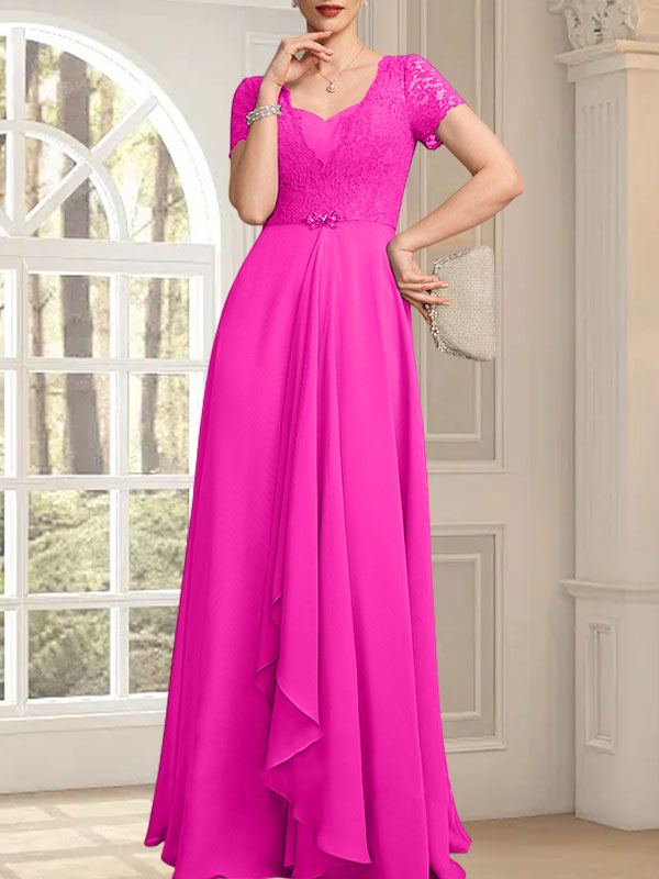 A-Linien-Kleid mit herzförmigem Herzausschnitt, bodenlang, aus Chiffon und Spitze, mit Perlenstickerei und Kaskadenrüschen – ideal für die Mutter der Braut