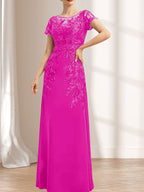 Etuikleid/Säulenkleid mit Illusion-Ausschnitt, bodenlang, aus Chiffon und Spitze mit Pailletten für die Mutter der Braut