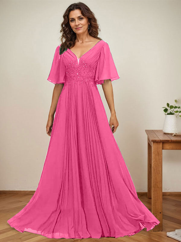 A-Linien-Kleid aus Chiffon mit V-Ausschnitt, bodenlang, mit Paillettenapplikationen, Spitze und Falten für die Mutter der Braut 
