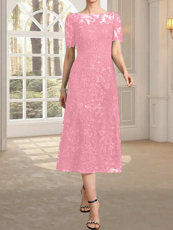 A-Linien-Kleid mit Rundhalsausschnitt, Illusion-Ausschnitt, Teelänge, Spitze und Pailletten für die Mutter der Braut