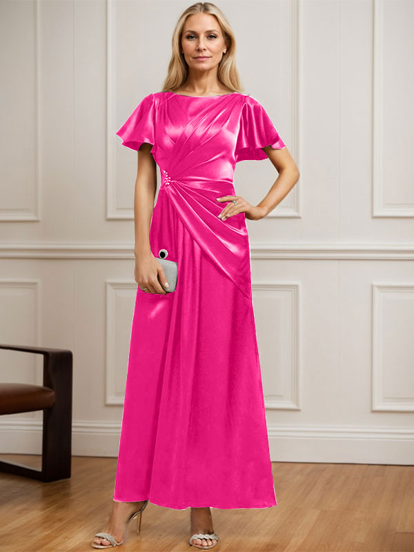 Vestido de madre de la novia de satén elástico con escote redondo y largo hasta los tobillos, corte en A y cuentas plisadas 