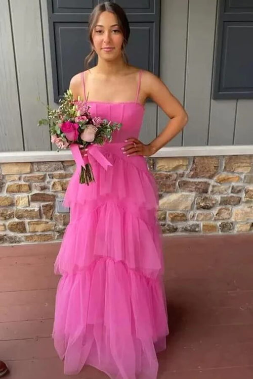 A-line Tiered Tulle Princess Prom Dresses, Long Formal Dresses