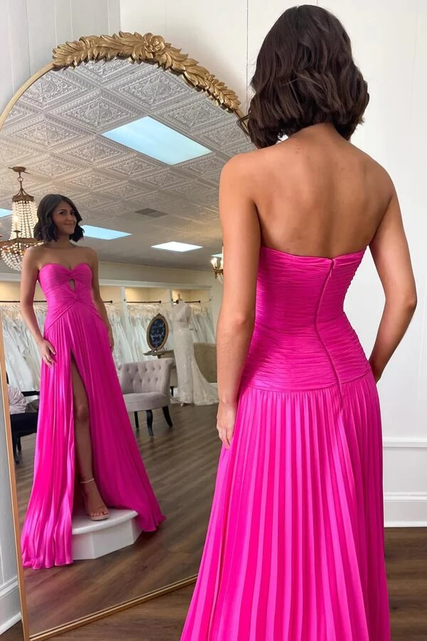Hot Pink Chiffon A-line Strapless Keyhole Pleated Prom Dresses With Slit