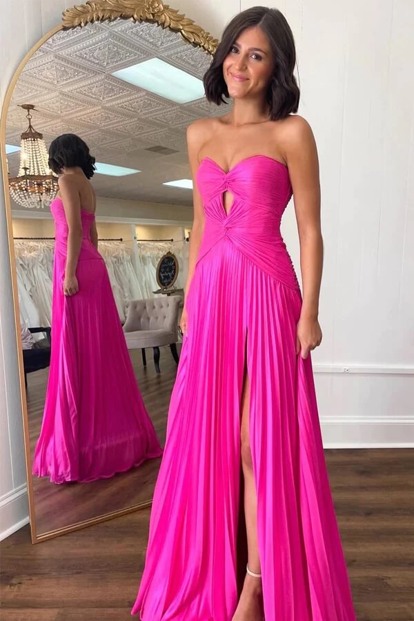 Hot Pink Chiffon A-line Strapless Keyhole Pleated Prom Dresses With Slit