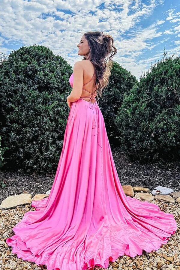 Satin A-line Scoop Long Prom Dresses, Evening Dress With Slit