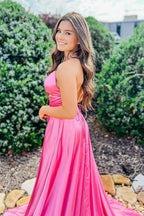 Satin A-line Scoop Long Prom Dresses, Evening Dress With Slit