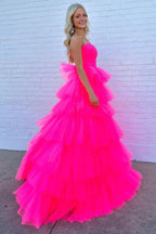 Vestidos de fiesta largos de princesa sin tirantes con volantes de línea A de tul