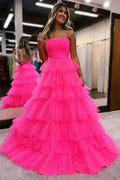 Vestidos de fiesta largos de princesa sin tirantes con volantes de línea A de tul