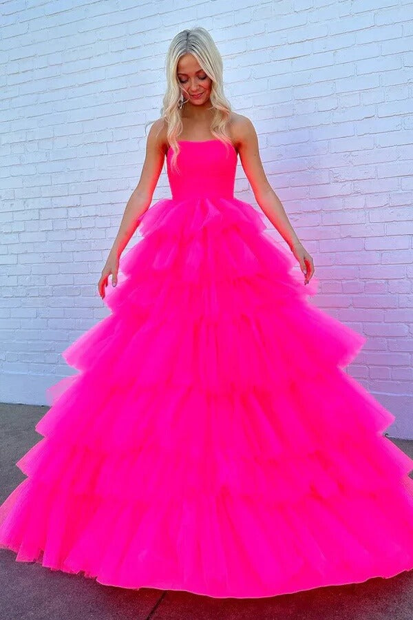 Vestidos de fiesta largos de princesa sin tirantes con volantes de línea A de tul