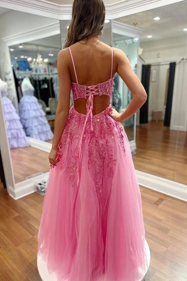 Vestidos de fiesta largos hasta el suelo de línea A de tul con apliques de encaje y abertura