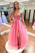 Vestidos de fiesta largos hasta el suelo de línea A de tul con apliques de encaje y abertura