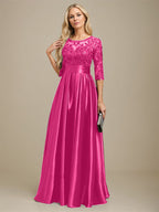 A-Linien-Kleid mit Illusion-Ausschnitt, bodenlang, aus Stretch-Satin und Spitze, verziert mit Schleife und Pailletten, für die Mutter der Braut 