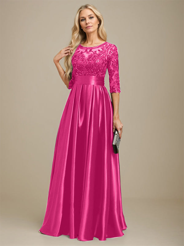 Vestido de madre de la novia de satén elástico con encaje, corte A, escote ilusión, largo hasta el suelo, con lazo y lentejuelas 