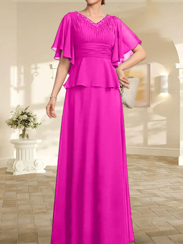 Vestido de gasa para madre de la novia, corte A, escote en V, largo hasta el suelo, con cuentas plisadas