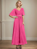 A-Linien-Chiffonkleid mit V-Ausschnitt, Knöchellänge, plissierten Pailletten und Perlenstickerei für die Mutter der Braut