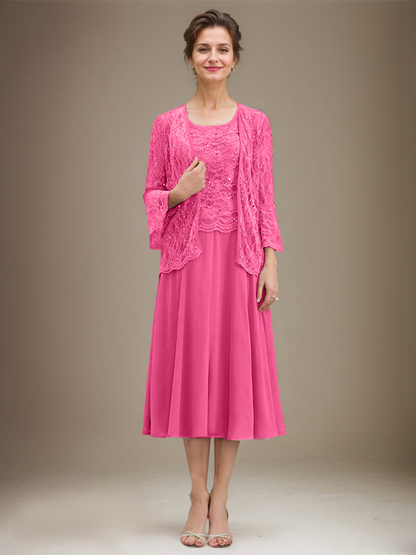 Vestido de gasa con encaje y lentejuelas para madre de la novia, corte A, escote redondo y largo hasta la rodilla 