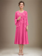 Vestido de gasa con encaje y lentejuelas para madre de la novia, corte A, escote redondo y largo hasta la rodilla 
