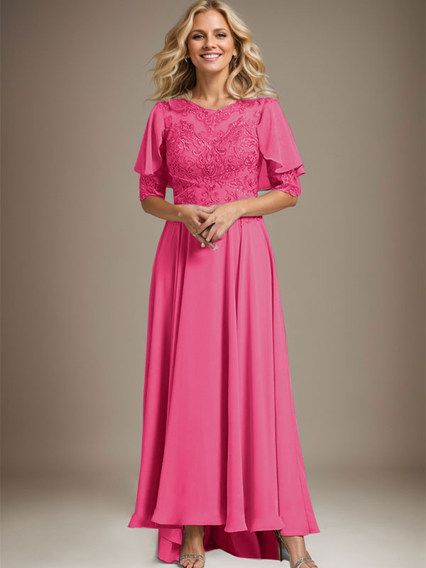A-Linien-Kleid mit asymmetrischem Chiffon-Spitzenausschnitt und Perlenstickerei für die Mutter der Braut. 