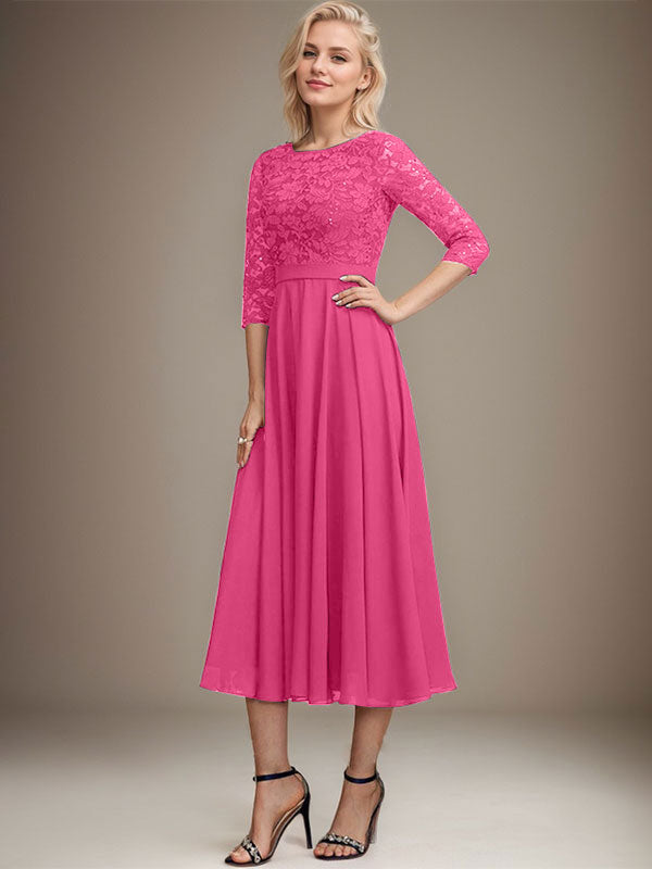 A-Linien-Kleid mit Rundhalsausschnitt, Teelänge, Spitze, Chiffon, Pailletten, für die Mutter der Braut