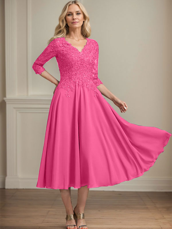 A-Linien-Kleid aus Chiffonspitze mit V-Ausschnitt, Teelänge, Perlen- und Paillettenstickerei für die Mutter der Braut 