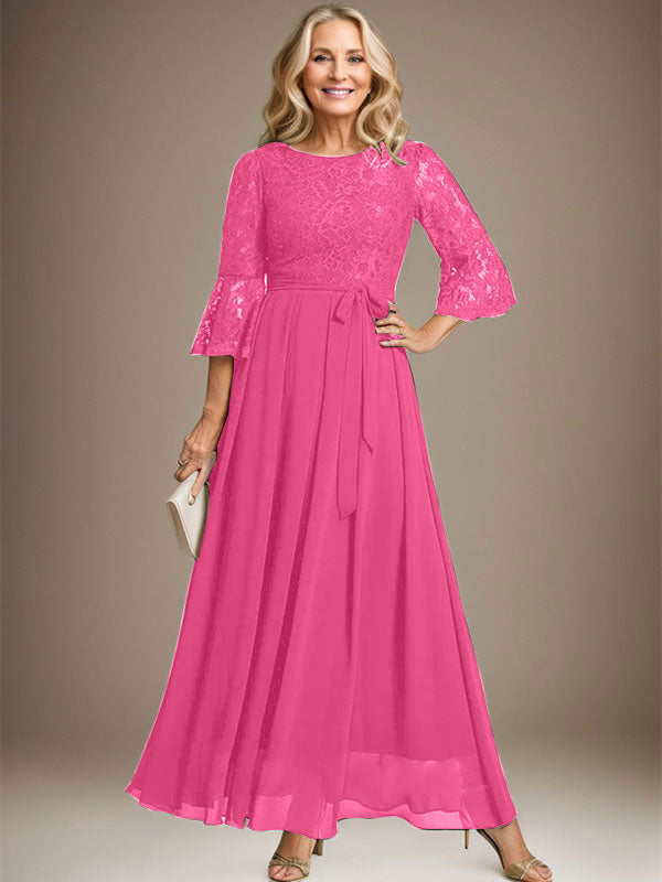 A-Linien-Kleid aus Chiffon mit Rundhalsausschnitt und Schleife, knöchellang, für die Mutter der Braut