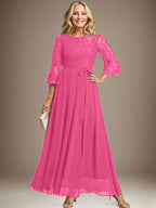 A-Linien-Kleid aus Chiffon mit Rundhalsausschnitt und Schleife, knöchellang, für die Mutter der Braut