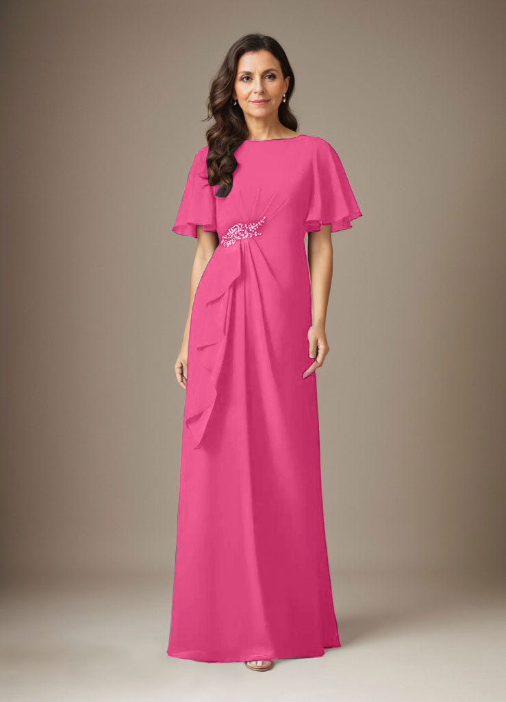 Dunkelblaues Etuikleid aus Chiffon mit Perlenbesatz