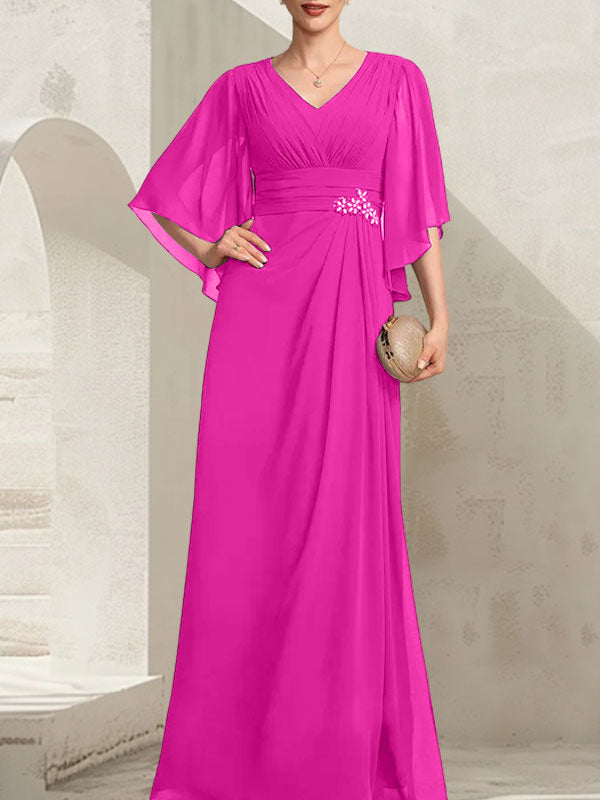 Vestido de gasa para madre de la novia, con escote en V, largo hasta el suelo, con lentejuelas plisadas y abalorios.