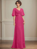 A-Linien-Kleid aus Chiffon mit V-Ausschnitt, bodenlang, für die Mutter der Braut, mit plissierten Paillettenapplikationen und Spitze