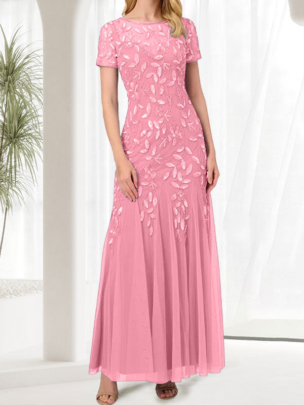 Vestido largo de sirena azul con cuello redondo para madre de la novia con abalorios
