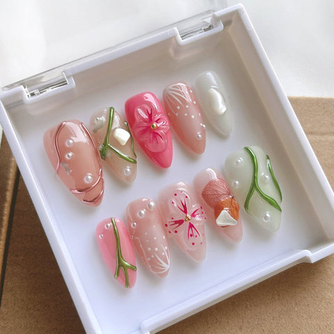 Pink Tengman Almond NailsCarefully designed pure handmade press-on gel nails
