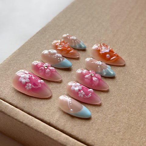 Hot SaleFrench Pink Orange Almond NailHandmade Artificial Gel Nail Press-On Nails