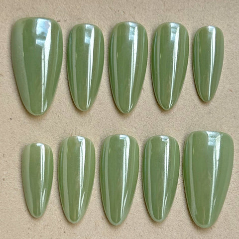 Hot SaleGreen Magic Mirror Pink Almond NailHandmade Artificial Gel Nail Press-On Nails