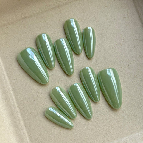 Hot SaleGreen Magic Mirror Pink Almond NailHandmade Artificial Gel Nail Press-On Nails
