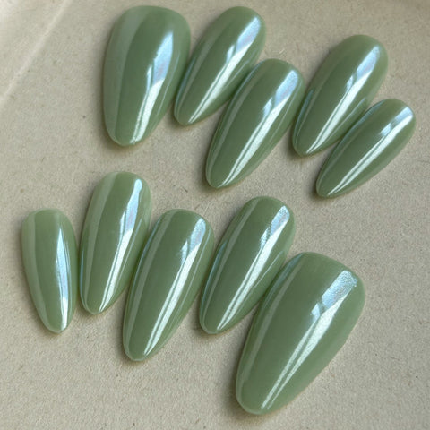 Hot SaleGreen Magic Mirror Pink Almond NailHandmade Artificial Gel Nail Press-On Nails