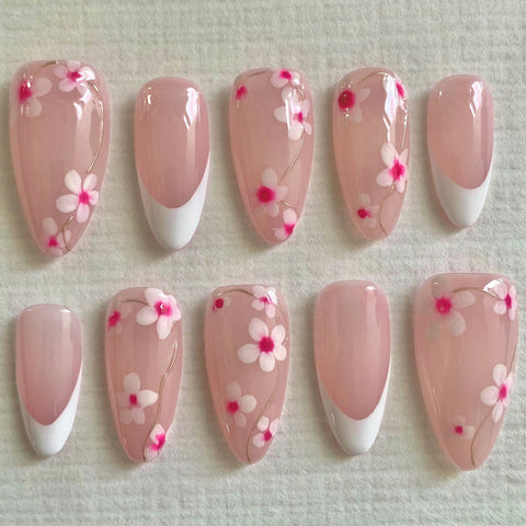 Hot SaleFrench Pink FlowerHandmade Artificial Gel Nail Press-On Nails