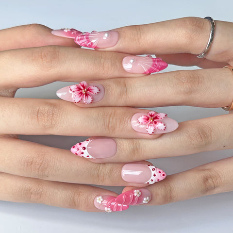 Pink White Flower NailsCarefully designed pure handmade press-on gel nails