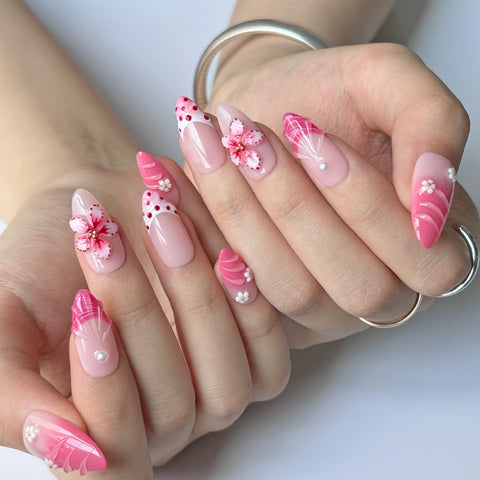 Pink White Flower NailsCarefully designed pure handmade press-on gel nails