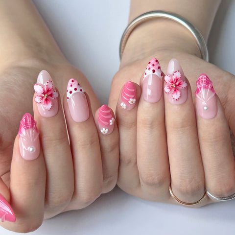 Pink White Flower NailsCarefully designed pure handmade press-on gel nails