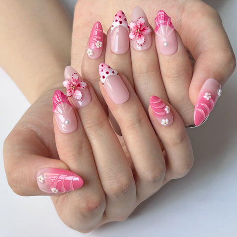 Pink White Flower NailsCarefully designed pure handmade press-on gel nails
