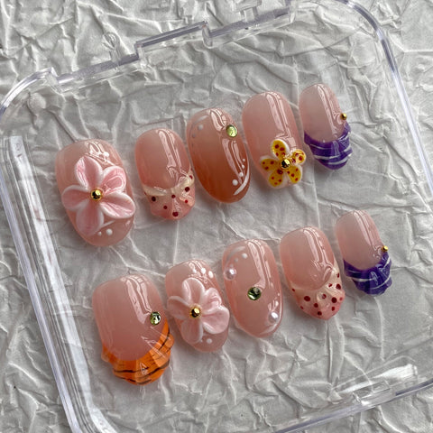 Hot SaleCute Nails Press On Nails 3D Flowers NailsHandmade Artificial Gel Nail Press-On Nails