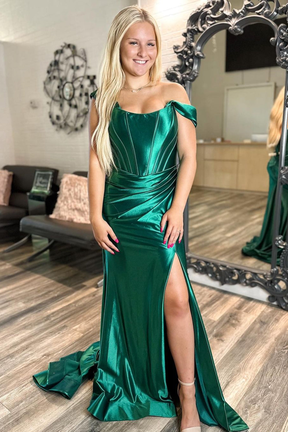 Off the Shoulder Satin Ruched Mermaid Long Corset Prom Dress with Slit