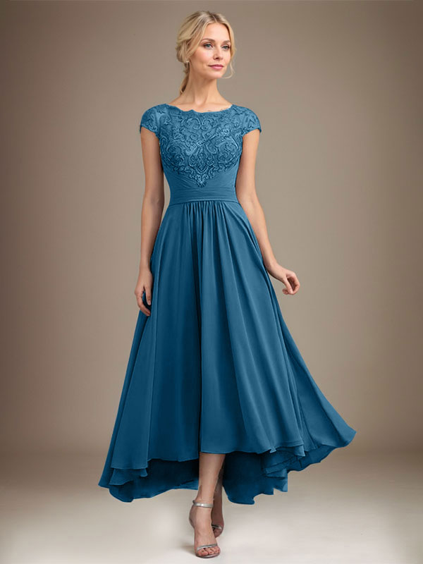 A-Linien-Kleid aus Chiffon mit asymmetrischem, plissiertem Spitzeneinsatz und Illusion-Ausschnitt für die Mutter der Braut 
