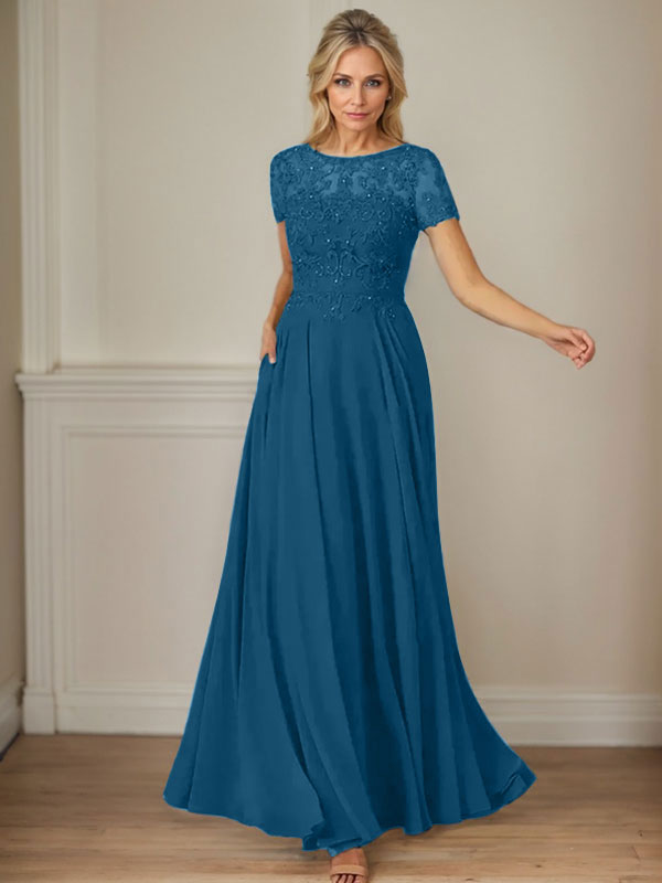Dunkelblaues A-Linien-Pailletten-Chiffonkleid mit U-Boot-Ausschnitt 