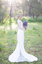 Ivory Satin Lace Sheath V-neck Long Sleeves Wedding Dresses, Bridal Gown