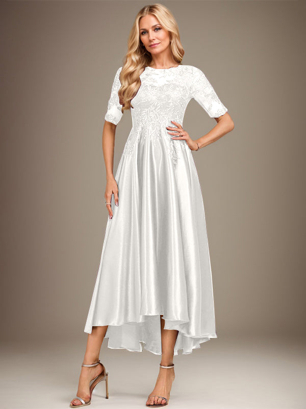 A-Linien-Kleid mit asymmetrischem, transparentem Ausschnitt, Stretch-Satinspitze und Pailletten für die Mutter der Braut 
