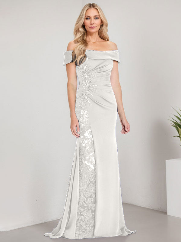 Vestido de sirena con escote en A, hombros descubiertos y largo hasta el suelo para madre de la novia, apliques y cuentas, con abertura alta 