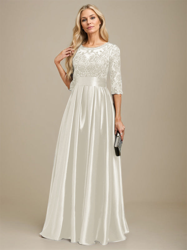 Vestido de madre de la novia de satén elástico con encaje, corte A, escote ilusión, largo hasta el suelo, con lazo y lentejuelas 